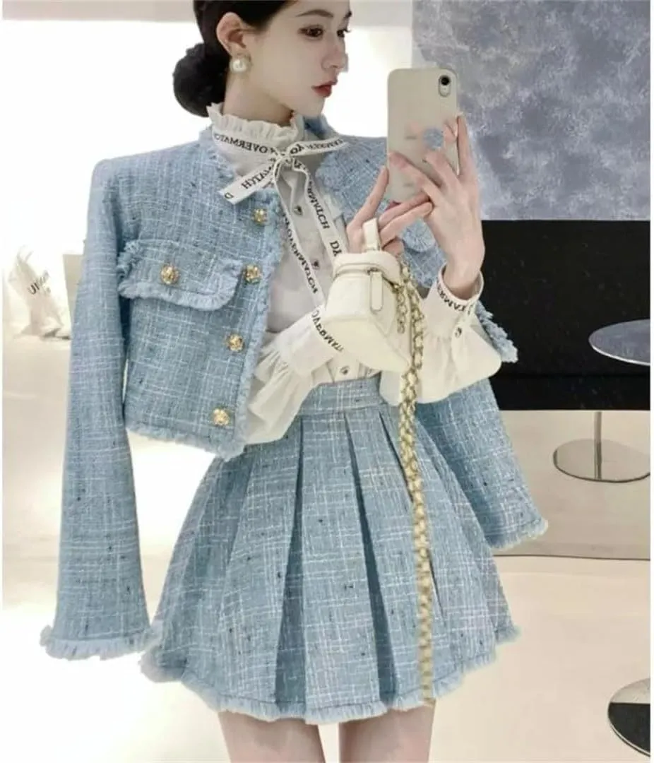 Women 2-Piece Sets Tweed Solid Outfits Long Sleeve Short Jacket Coat   Pleated Skirt Suits