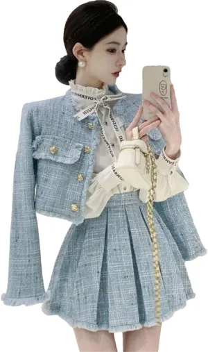 Women 2-Piece Sets Tweed Solid Outfits Long Sleeve Short Jacket Coat   Pleated Skirt Suits