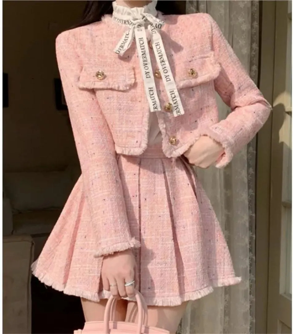 Women 2-Piece Sets Tweed Solid Outfits Long Sleeve Short Jacket Coat   Pleated Skirt Suits