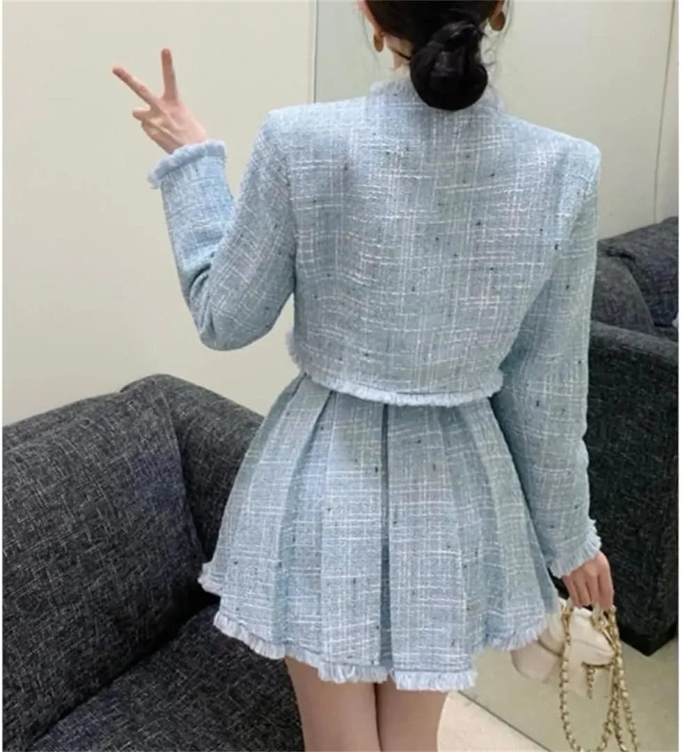 Women 2-Piece Sets Tweed Solid Outfits Long Sleeve Short Jacket Coat   Pleated Skirt Suits