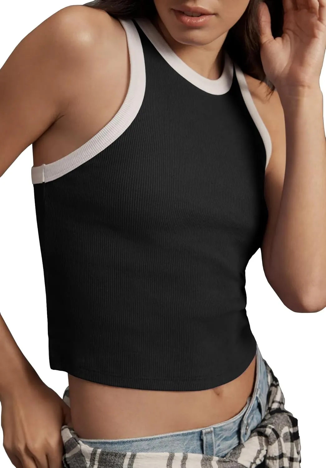 Women 2025 Sexy Sleeveless Crewneck Ribbed Knitted Tank Crop Tops