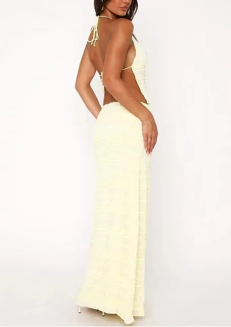 Women 2Pcs Maxi Skirt Set Lace Halter Crop Top and Long Skirt Sets Solid Color Backless Boho Outfits Skirt Suit