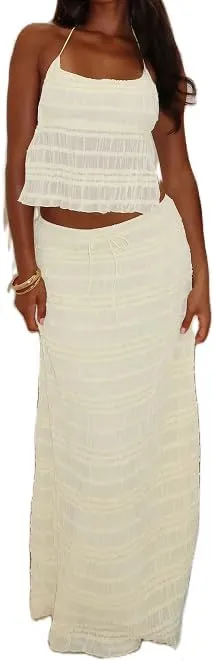 Women 2Pcs Maxi Skirt Set Lace Halter Crop Top and Long Skirt Sets Solid Color Backless Boho Outfits Skirt Suit