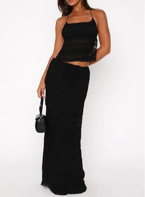 Women 2Pcs Maxi Skirt Set Lace Halter Crop Top and Long Skirt Sets Solid Color Backless Boho Outfits Skirt Suit