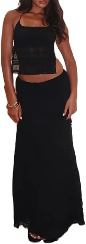 Women 2Pcs Maxi Skirt Set Lace Halter Crop Top and Long Skirt Sets Solid Color Backless Boho Outfits Skirt Suit