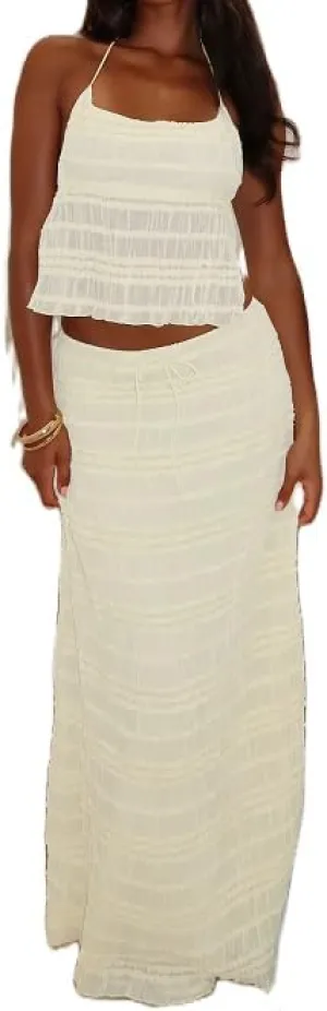Women 2Pcs Maxi Skirt Set Lace Halter Crop Top and Long Skirt Sets Solid Color Backless Boho Outfits Skirt Suit