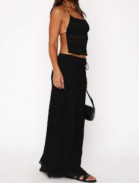 Women 2Pcs Maxi Skirt Set Lace Halter Crop Top and Long Skirt Sets Solid Color Backless Boho Outfits Skirt Suit