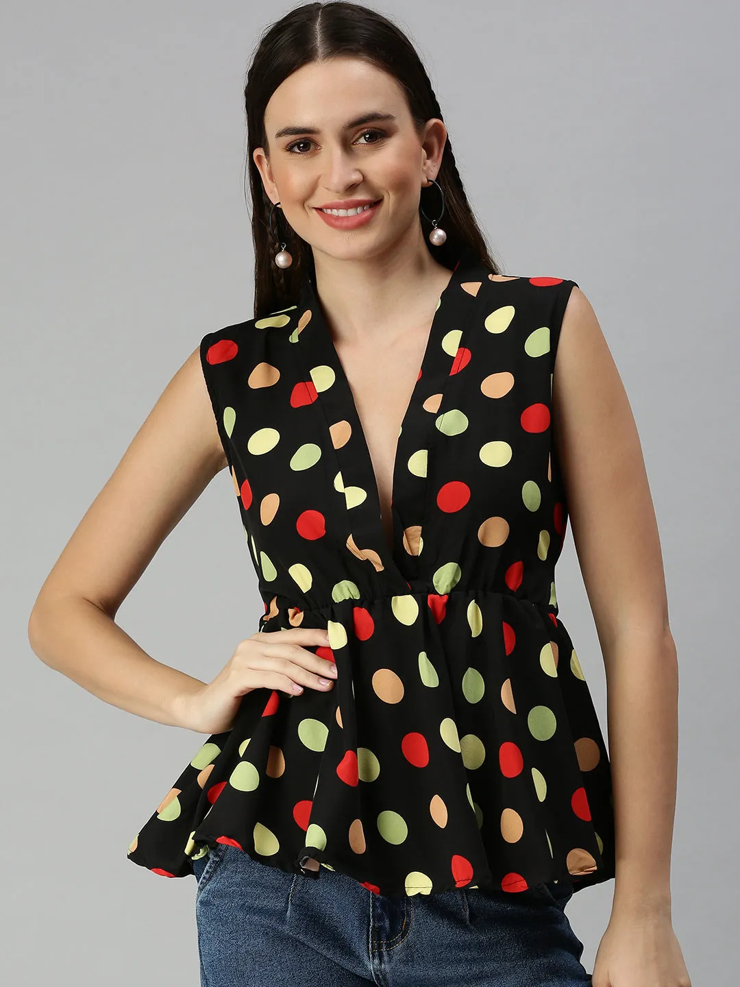 Women Black Print Crepe Peplum Top