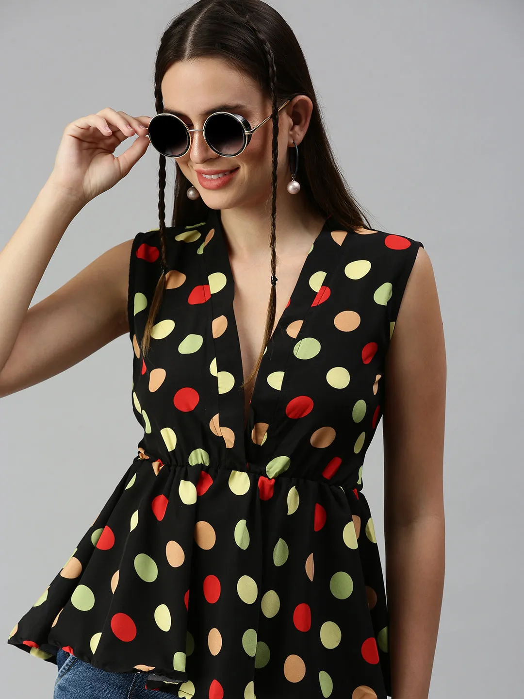 Women Black Print Crepe Peplum Top