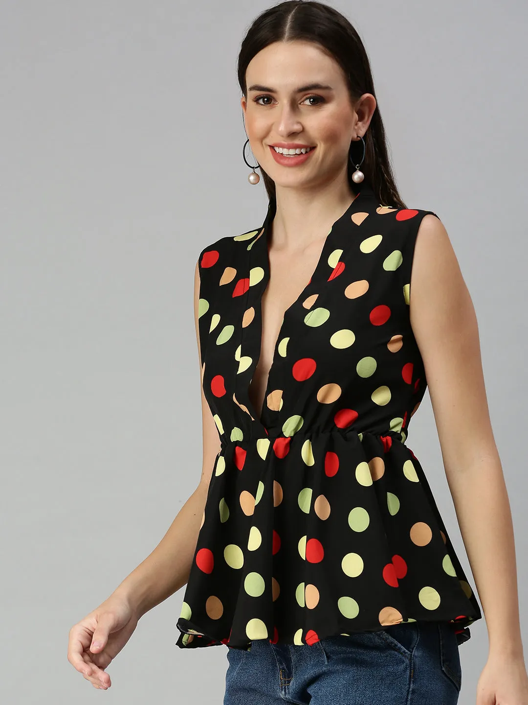 Women Black Print Crepe Peplum Top