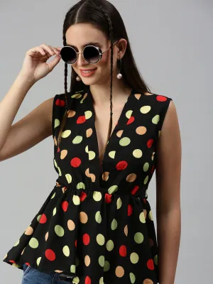 Women Black Print Crepe Peplum Top