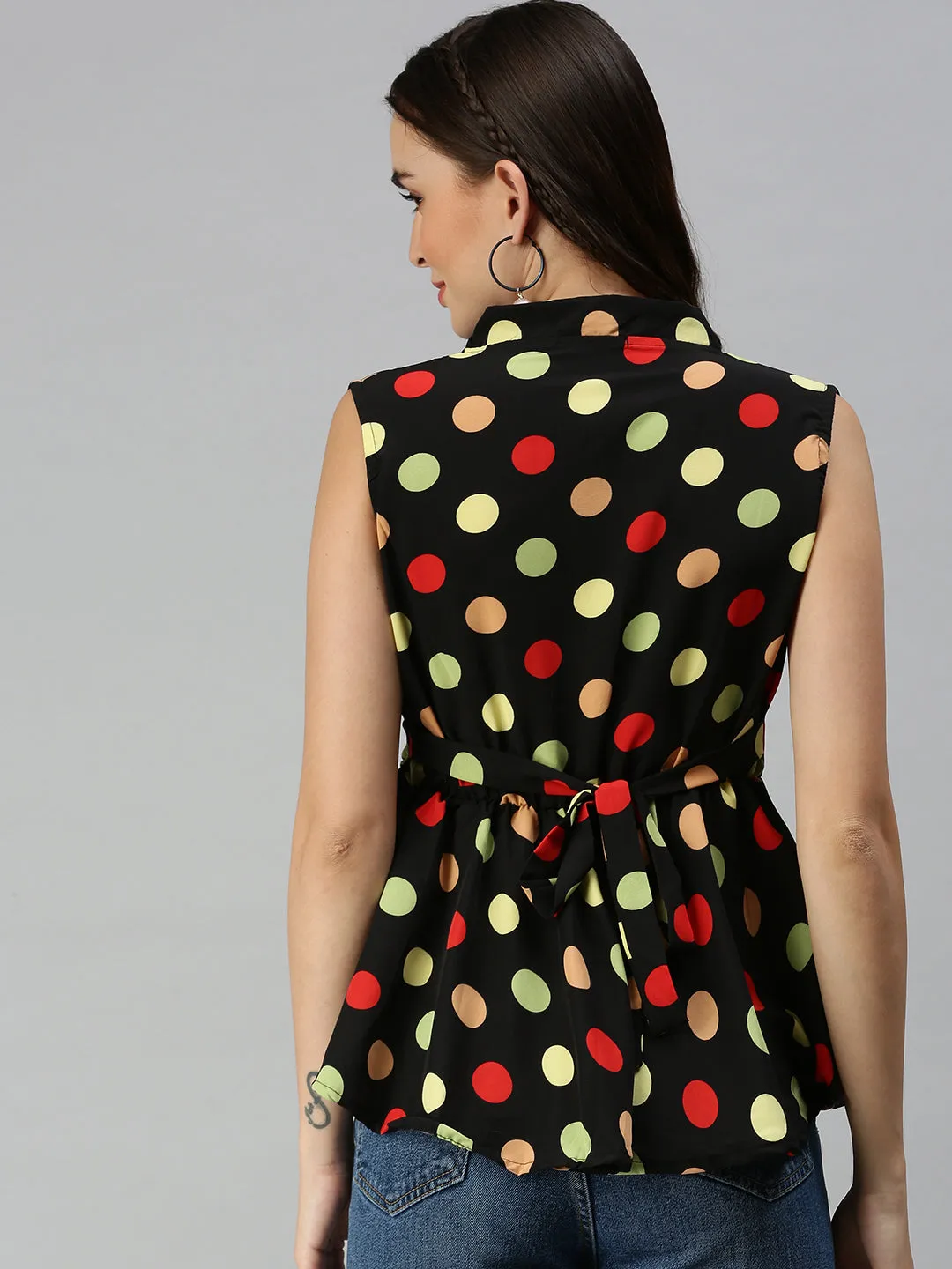 Women Black Print Crepe Peplum Top