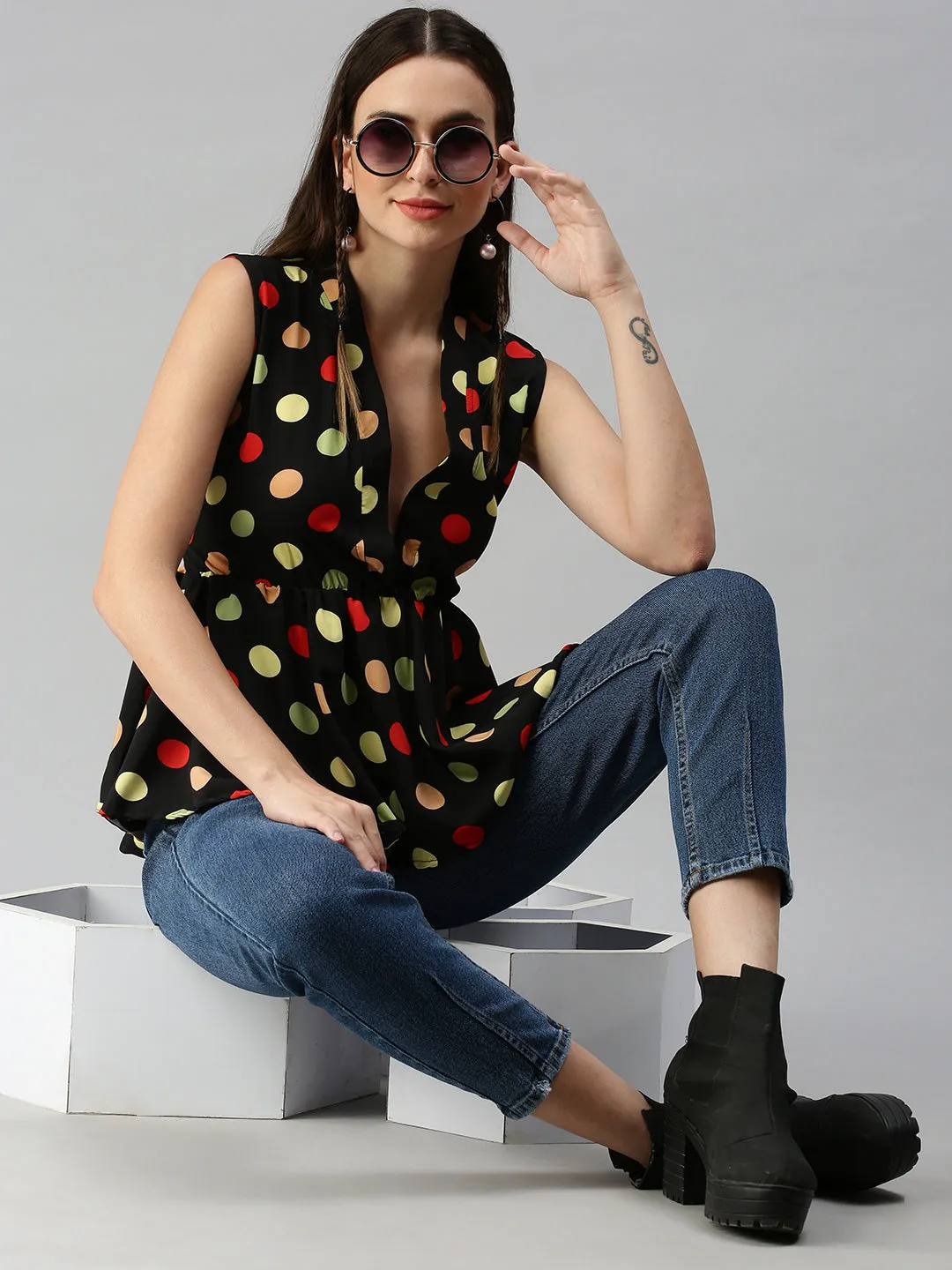 Women Black Print Crepe Peplum Top
