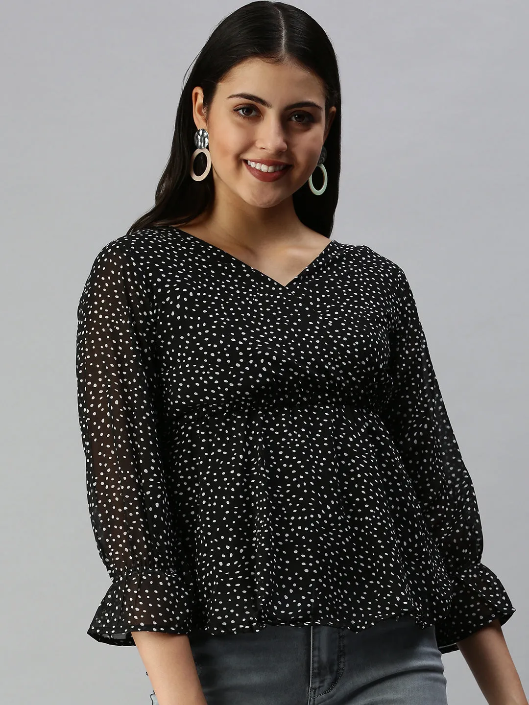 Women Black Print Monochrome Chiffon Wrap Top