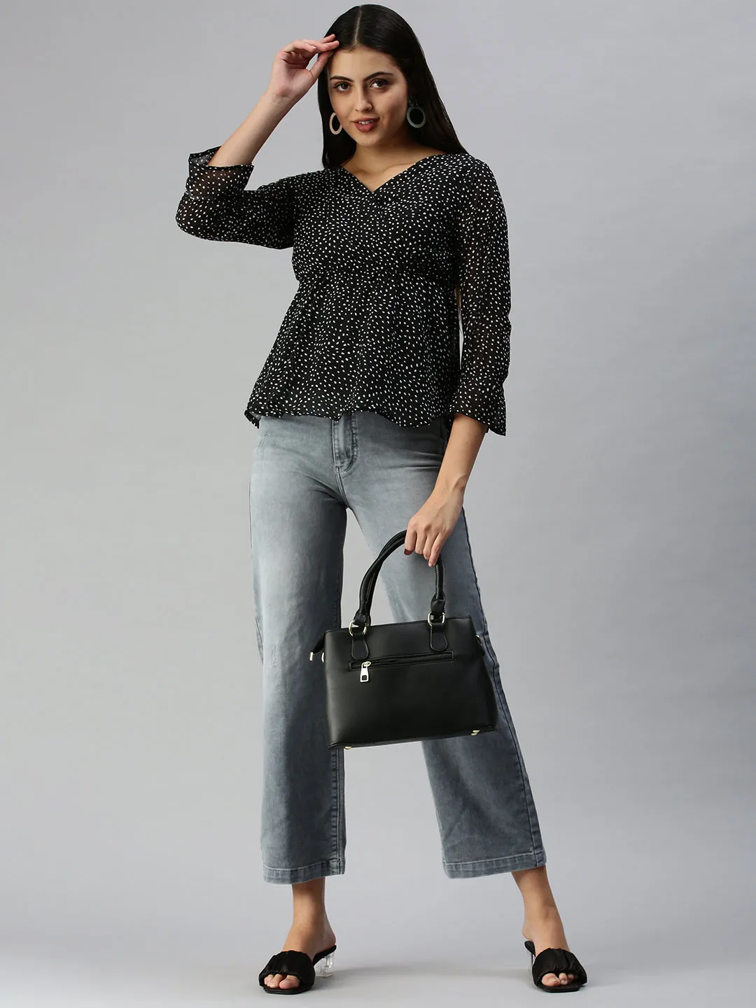 Women Black Print Monochrome Chiffon Wrap Top