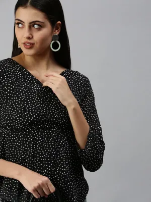 Women Black Print Monochrome Chiffon Wrap Top