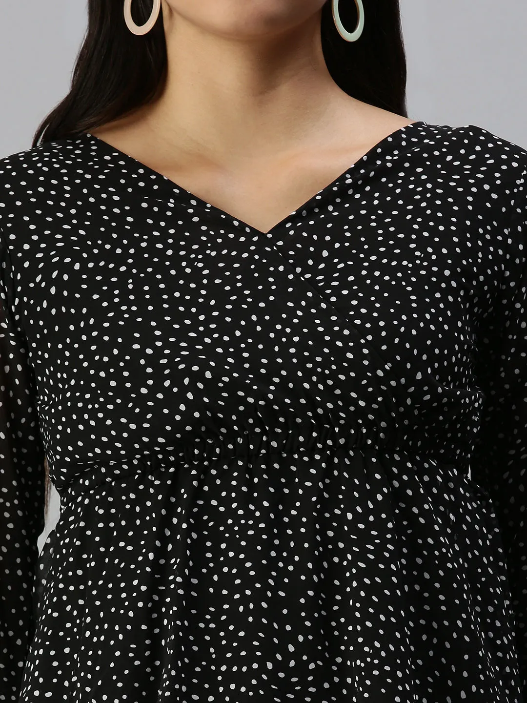 Women Black Print Monochrome Chiffon Wrap Top
