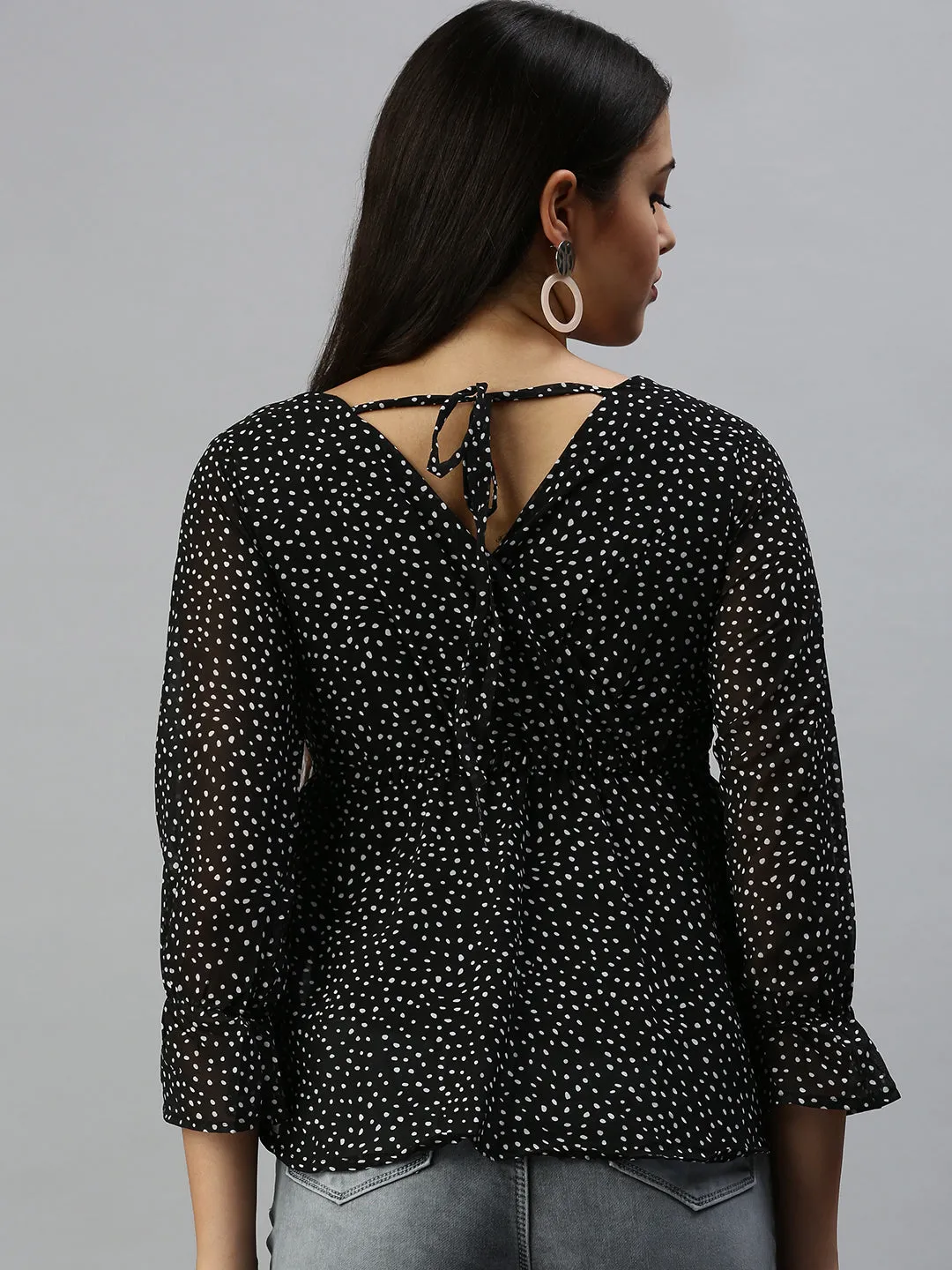 Women Black Print Monochrome Chiffon Wrap Top