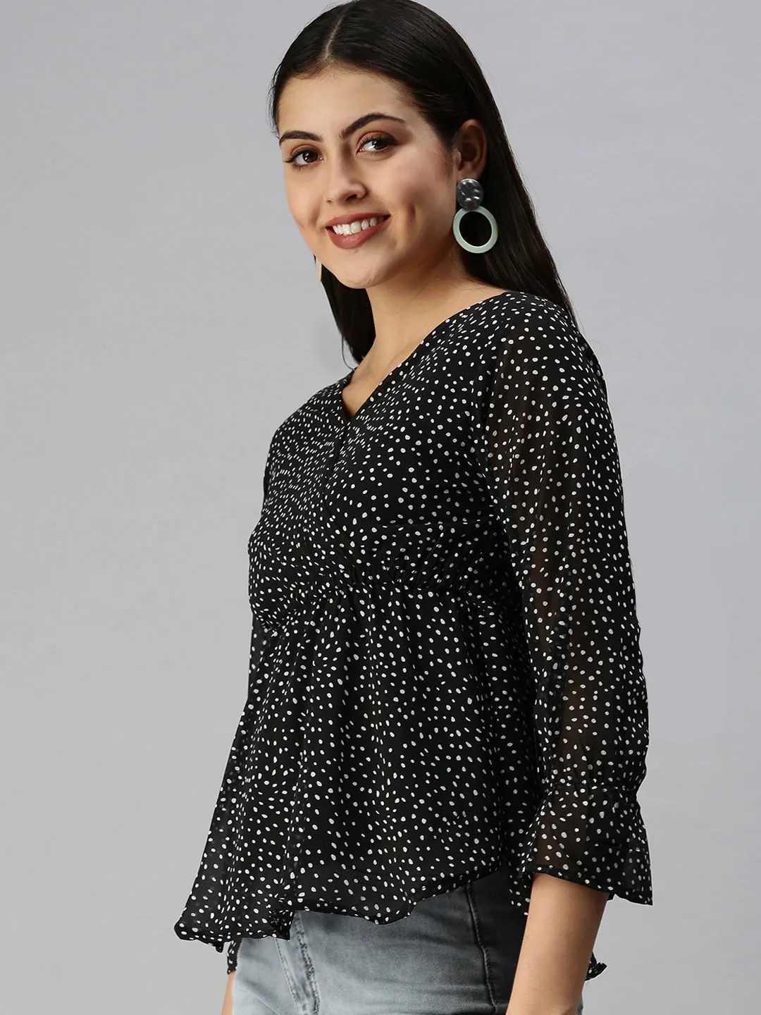 Women Black Print Monochrome Chiffon Wrap Top