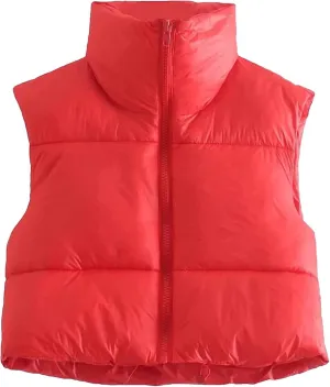 Women Crop puffer Vest Coat Retro Short Cotton-Padded Clothes Stand Neck Zipper Casual Loose Party Warm Winter Coat