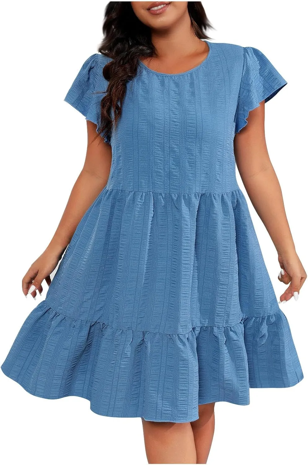 Women Dresses 2024 Puff Short Sleeve Crew Neck Textured Casual Tiered Ruffle A-Line Swing Mini Babydoll Dress Plus Size