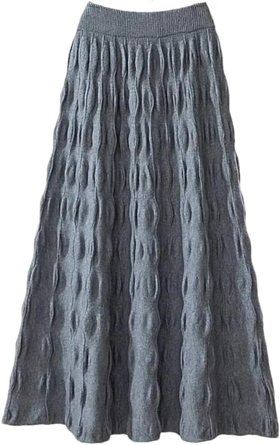 Women Knitted Long Skirt Autumn Winter Korean Folds A Line High Waist Pleated Midi Skirt