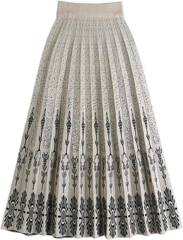 Women Knitted Mid-Length Skirt Autumn Winter Vintage Print A Line High Waist Pleated Midi Long Skirt