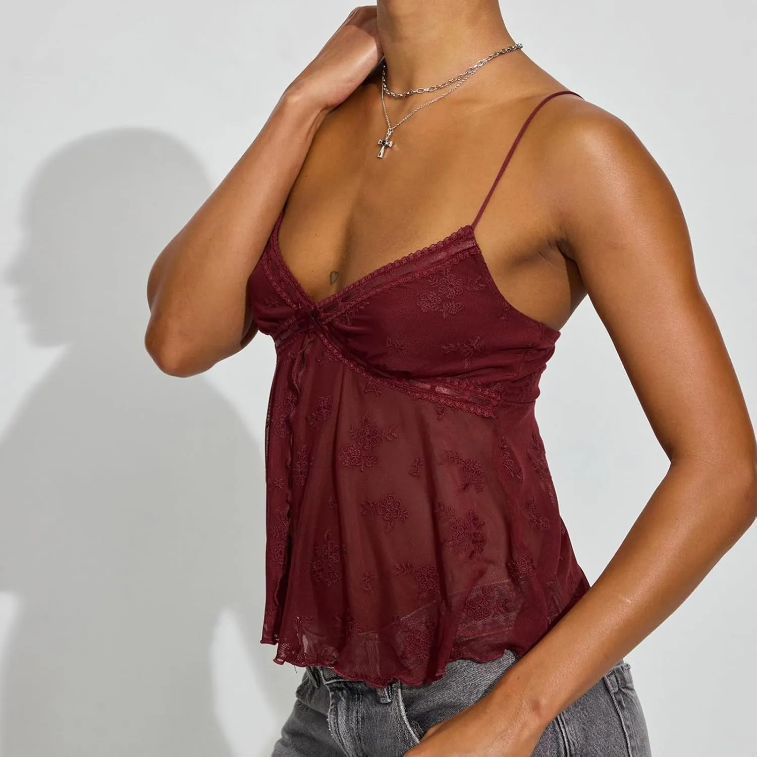 Women Lace Cami See Through Open Back Front Tie Tank Top V Neck Spaghetti Strap Camisole Y2k Summer Going Out Tops