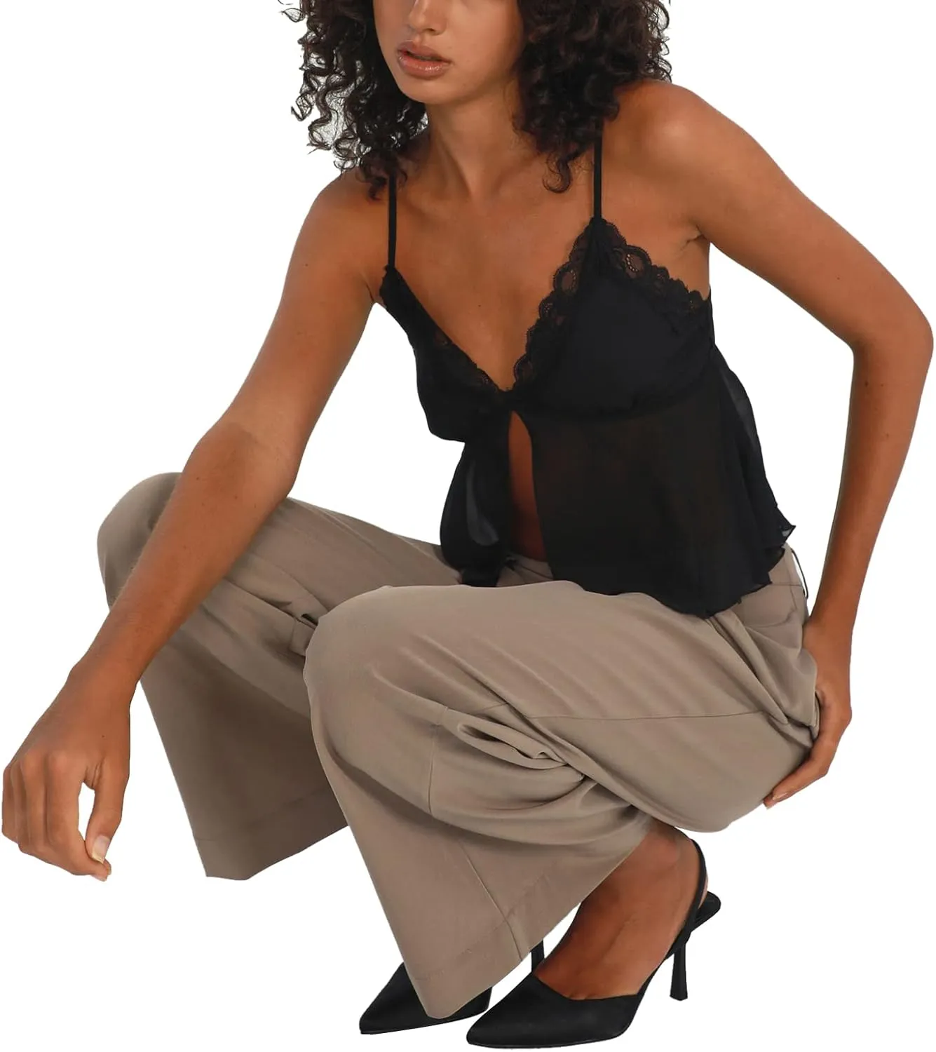 Women Lace Cami See Through Open Back Front Tie Tank Top V Neck Spaghetti Strap Camisole Y2k Summer Going Out Tops