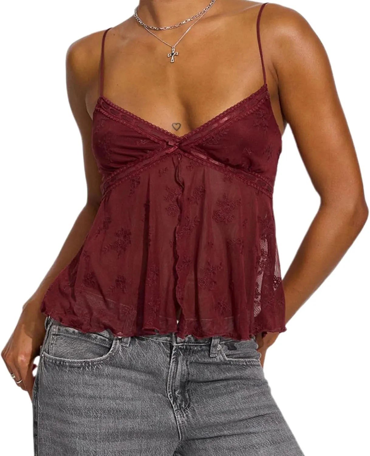 Women Lace Cami See Through Open Back Front Tie Tank Top V Neck Spaghetti Strap Camisole Y2k Summer Going Out Tops