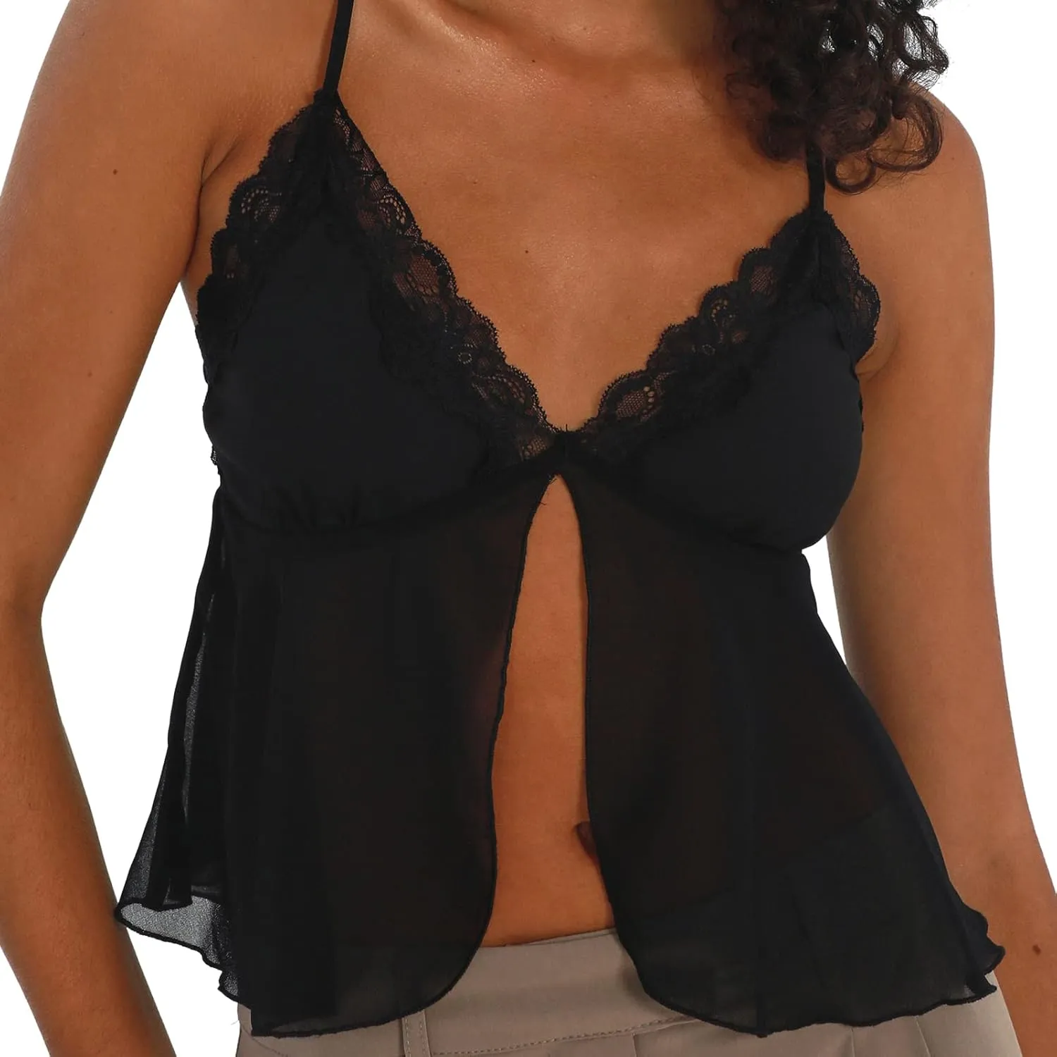 Women Lace Cami See Through Open Back Front Tie Tank Top V Neck Spaghetti Strap Camisole Y2k Summer Going Out Tops
