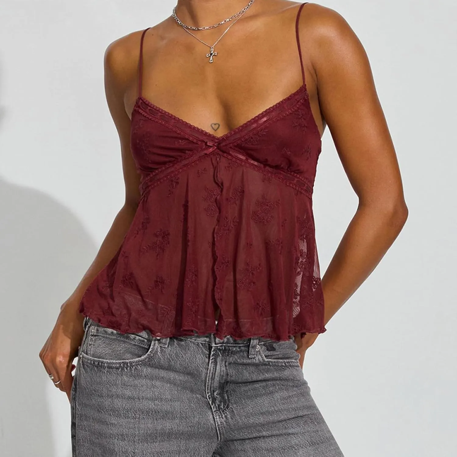 Women Lace Cami See Through Open Back Front Tie Tank Top V Neck Spaghetti Strap Camisole Y2k Summer Going Out Tops