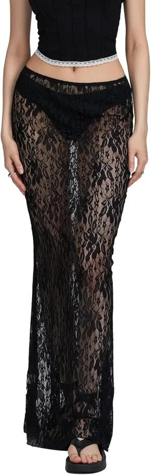 Women Lace Maxi Skirt Low Rise See Through Long Skirt Summer Vacation Beach Cover Up Skirt