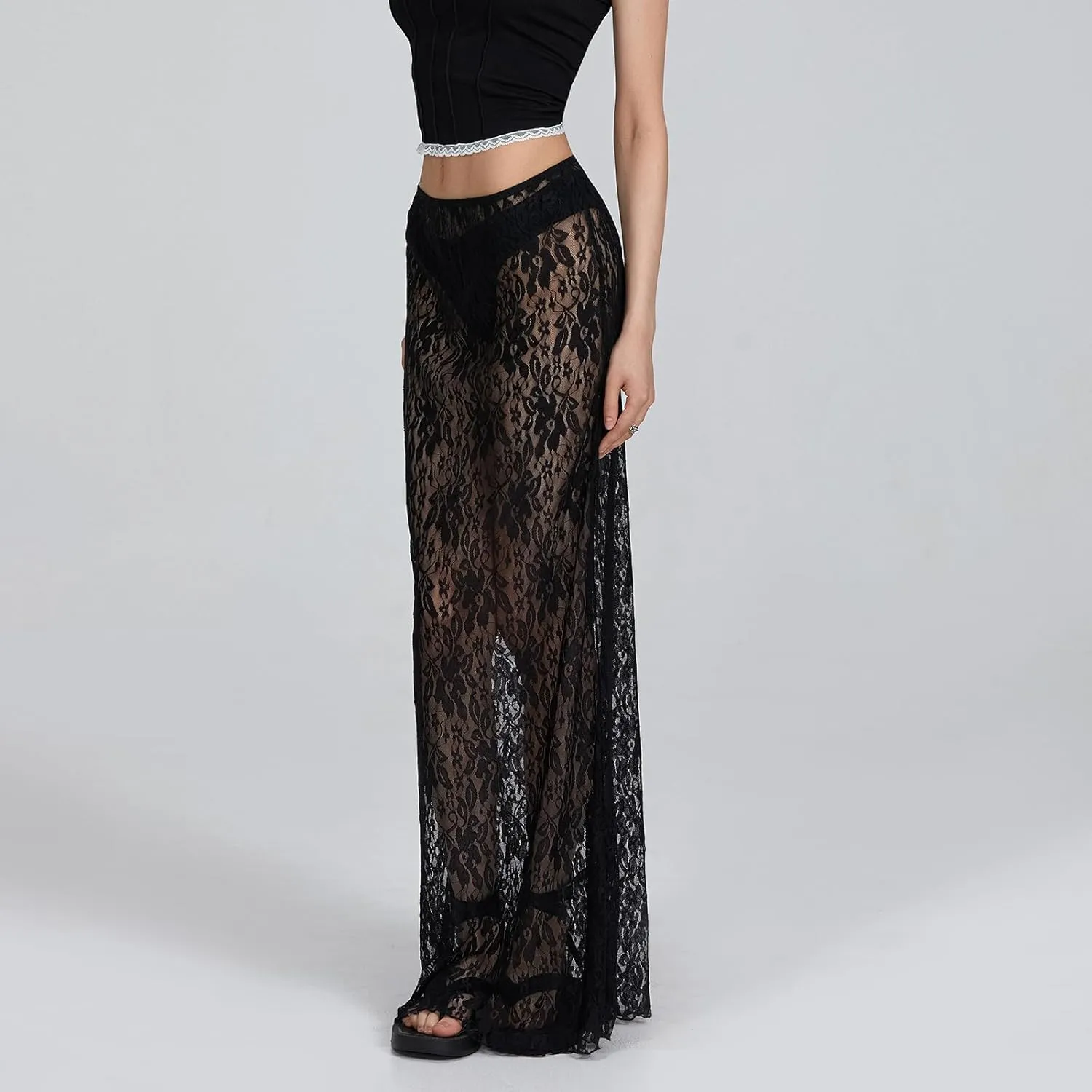 Women Lace Maxi Skirt Low Rise See Through Long Skirt Summer Vacation Beach Cover Up Skirt