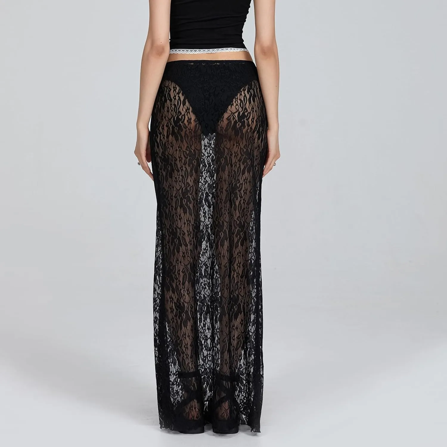 Women Lace Maxi Skirt Low Rise See Through Long Skirt Summer Vacation Beach Cover Up Skirt
