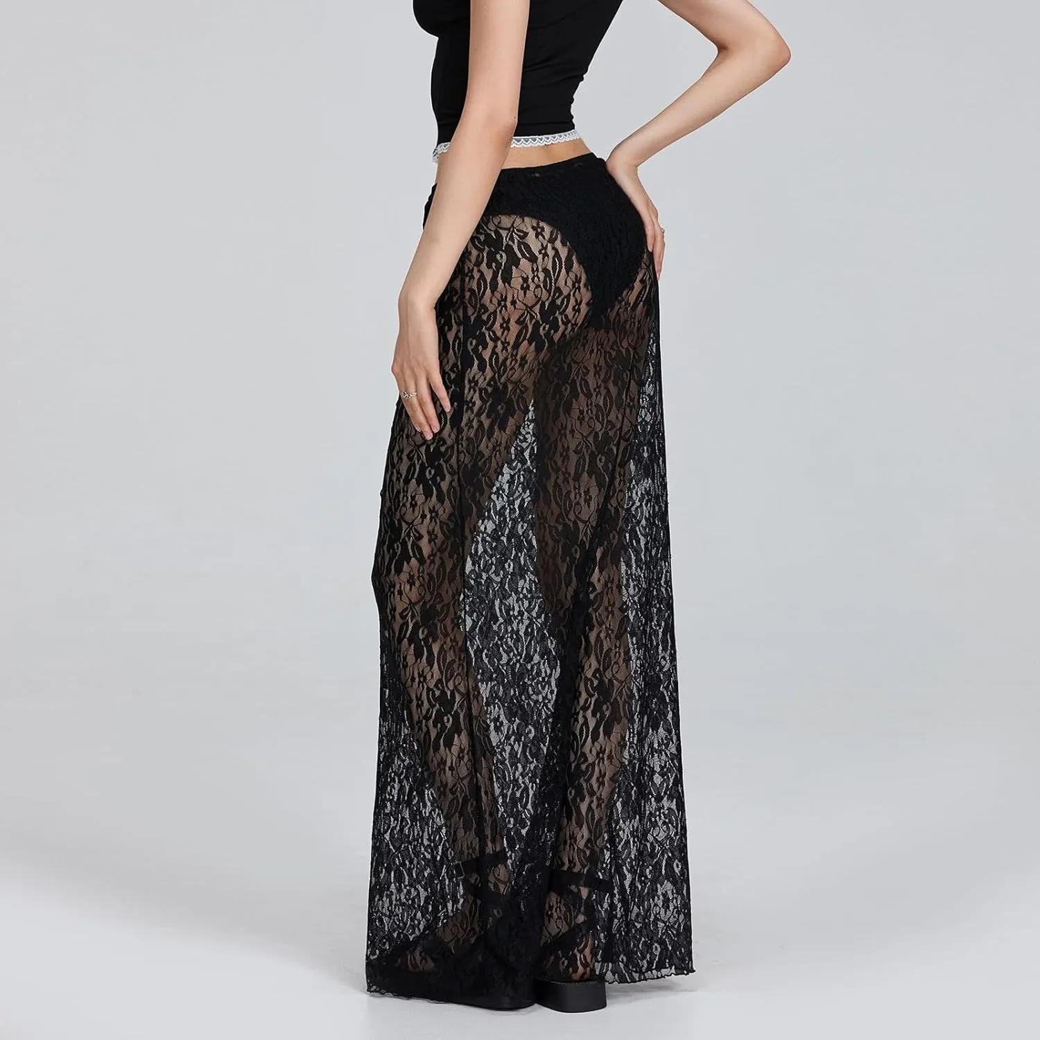Women Lace Maxi Skirt Low Rise See Through Long Skirt Summer Vacation Beach Cover Up Skirt
