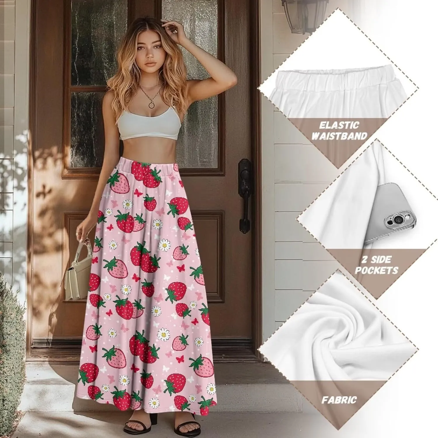 Women Pleated Skirt Polyester A-Line Printed Maxi Skirts with Pockets for Vacation Travel Parties