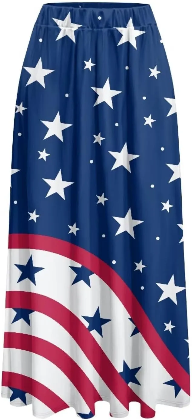 Women Pleated Skirt Polyester A-Line Printed Maxi Skirts with Pockets for Vacation Travel Parties
