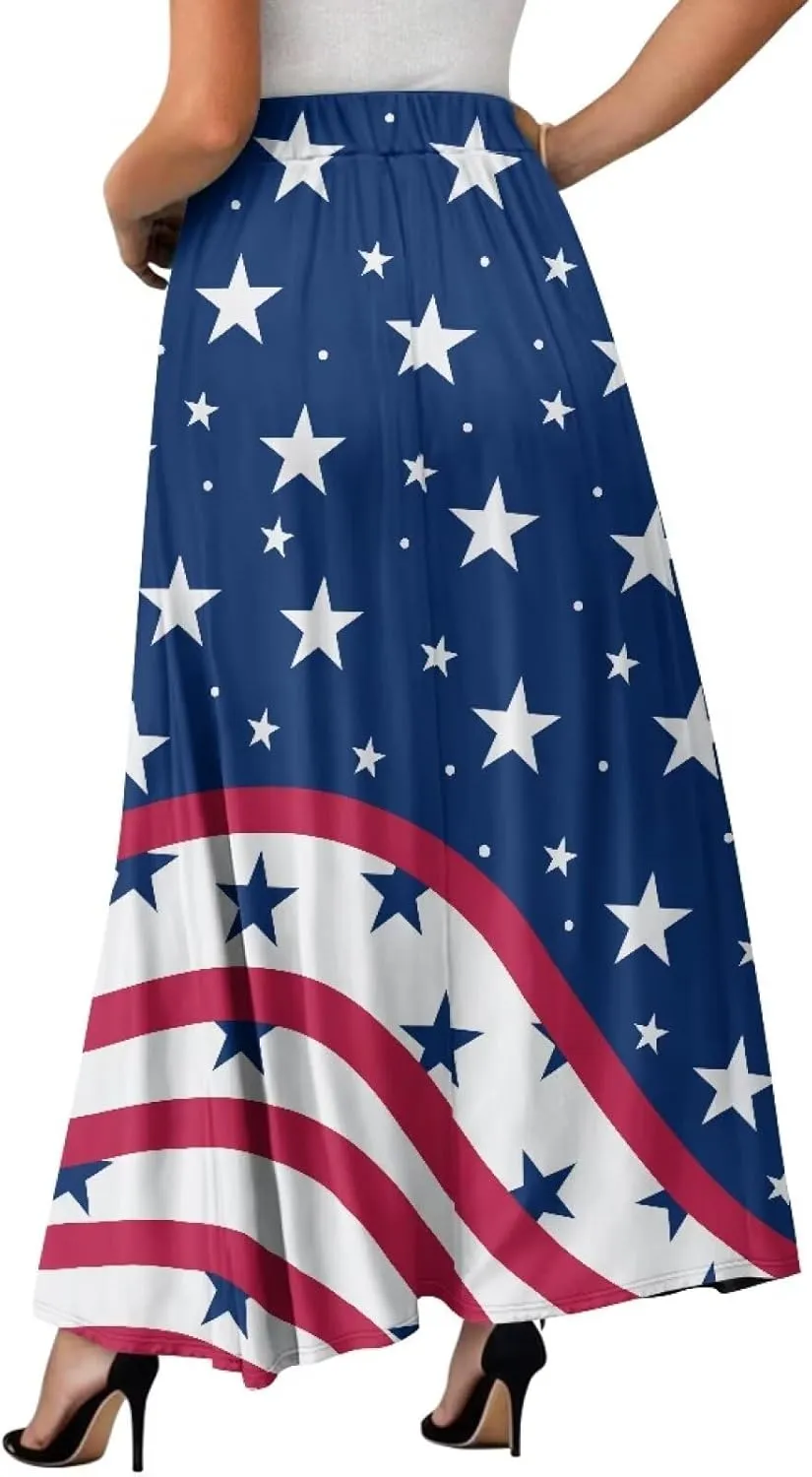 Women Pleated Skirt Polyester A-Line Printed Maxi Skirts with Pockets for Vacation Travel Parties