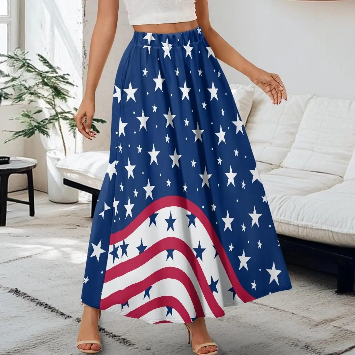 Women Pleated Skirt Polyester A-Line Printed Maxi Skirts with Pockets for Vacation Travel Parties