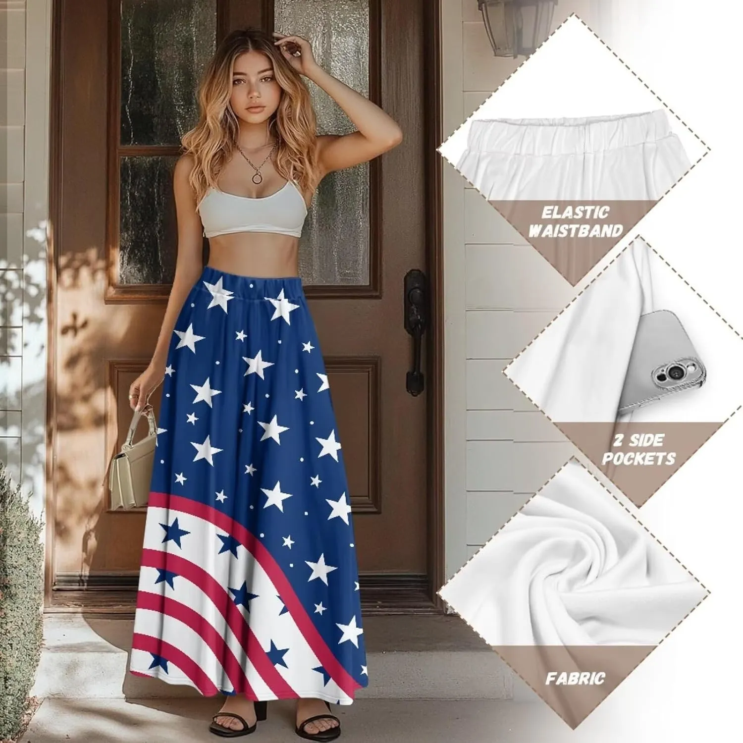 Women Pleated Skirt Polyester A-Line Printed Maxi Skirts with Pockets for Vacation Travel Parties