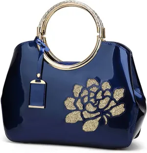 Women Purse and Handbag Patent Leather Satchel Flower Printing Tote Top Handle Shoulder Bag With Pendant