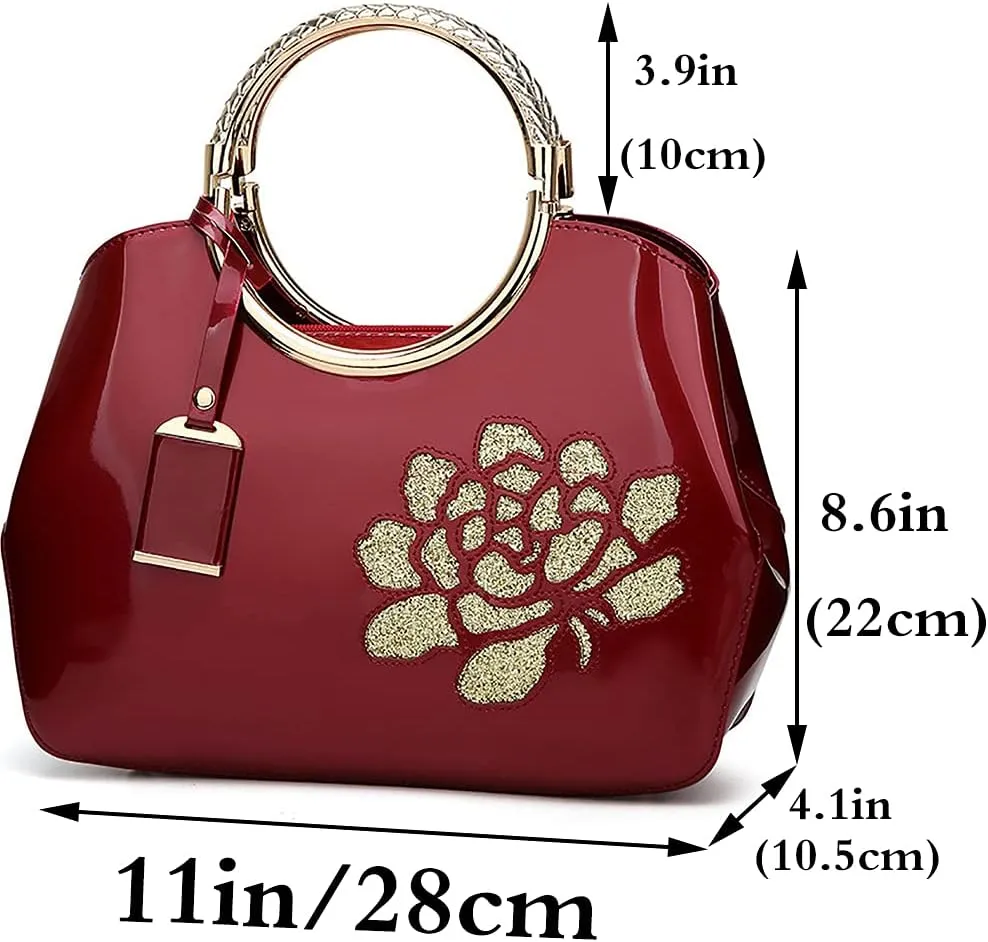 Women Purse and Handbag Patent Leather Satchel Flower Printing Tote Top Handle Shoulder Bag With Pendant