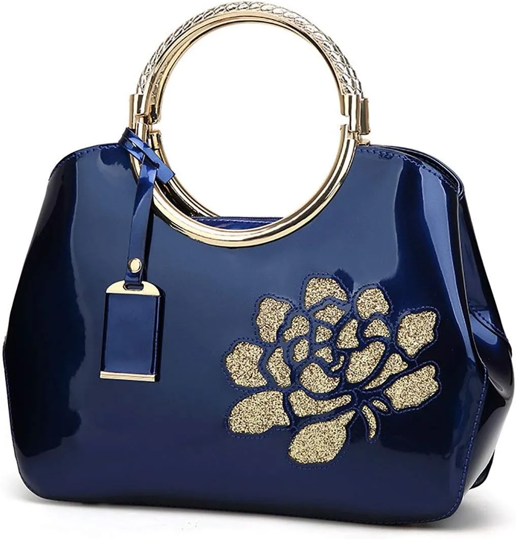 Women Purse and Handbag Patent Leather Satchel Flower Printing Tote Top Handle Shoulder Bag With Pendant