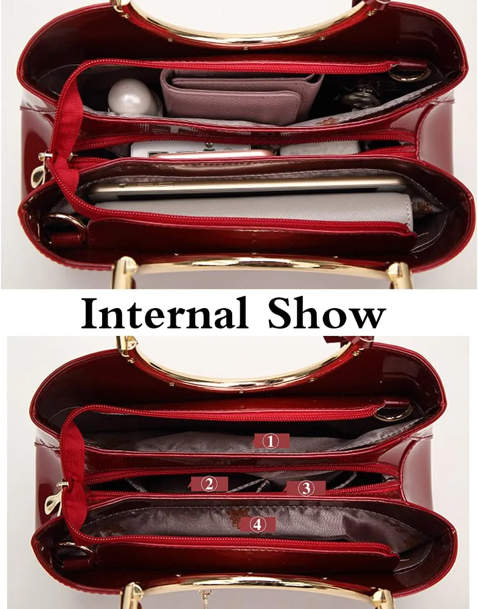 Women Purse and Handbag Patent Leather Satchel Flower Printing Tote Top Handle Shoulder Bag With Pendant