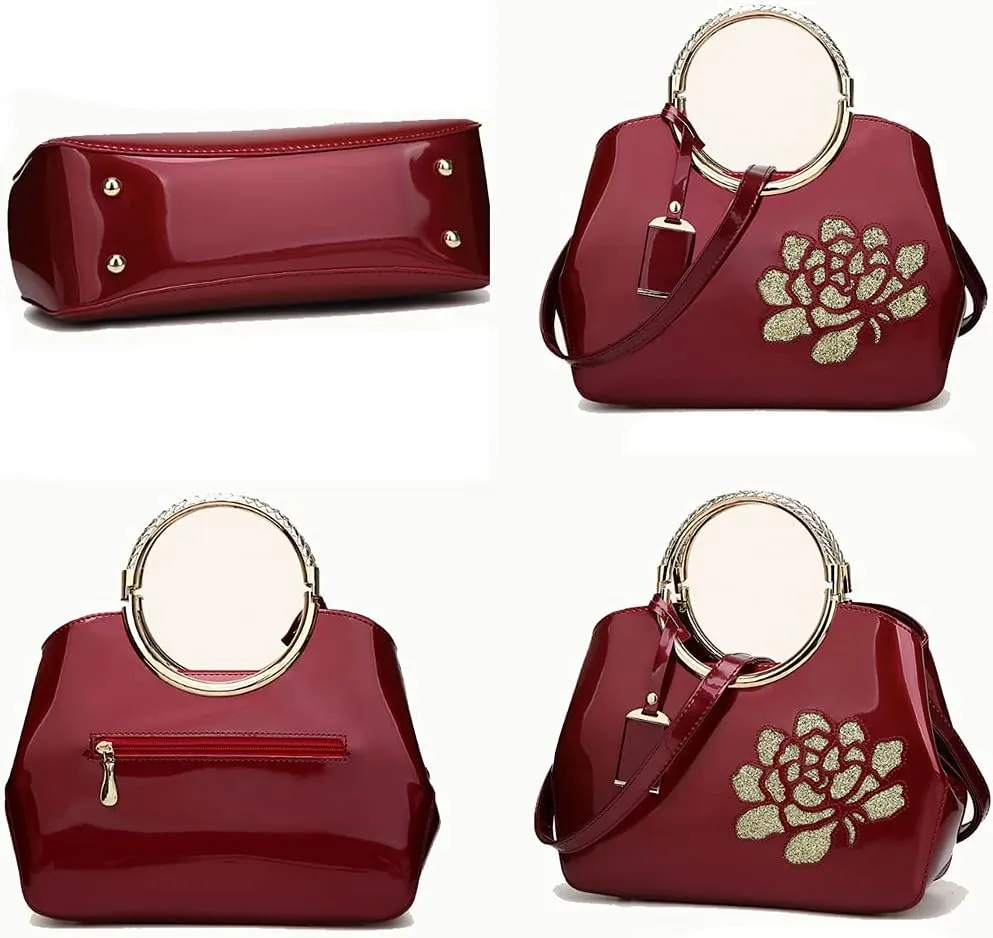 Women Purse and Handbag Patent Leather Satchel Flower Printing Tote Top Handle Shoulder Bag With Pendant