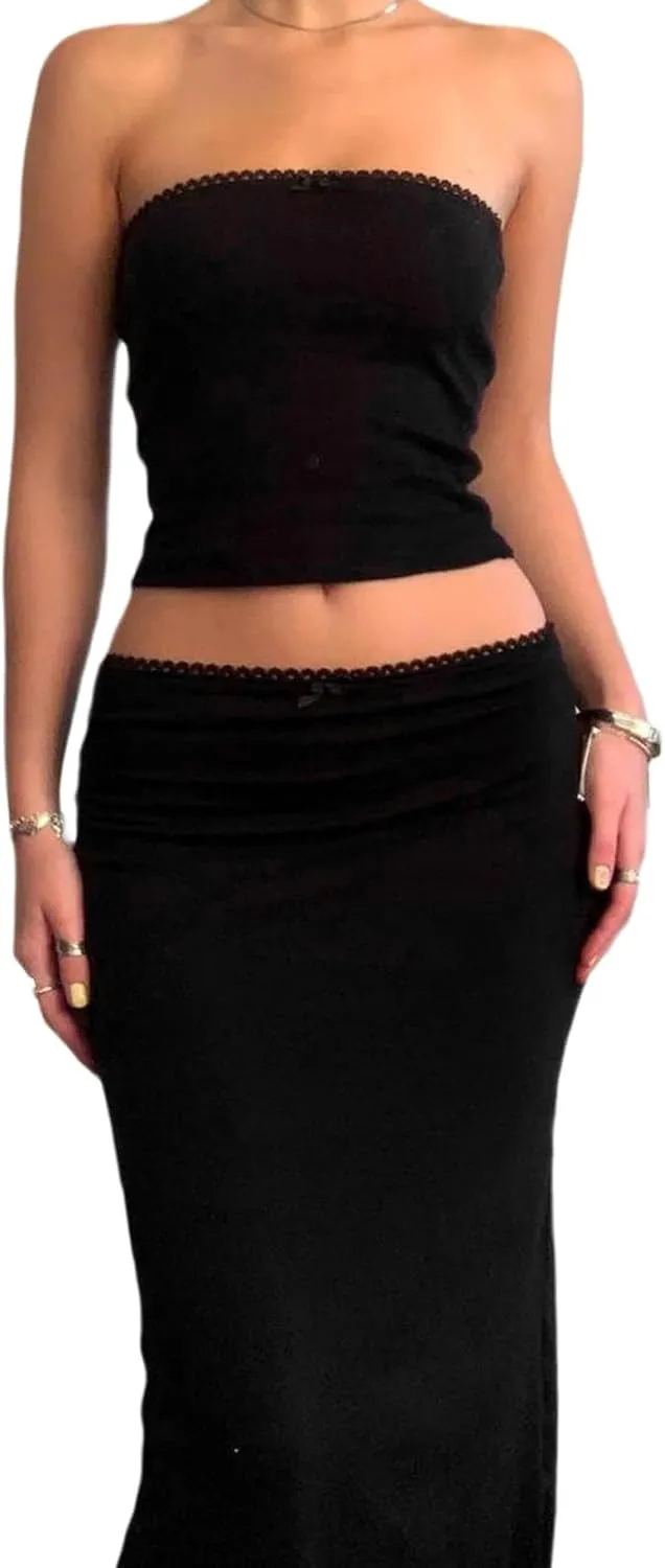 Women Sexy 2 Piece Outfits Sleeveless Strapless Tube Tops Fishtail Maxi Skirts Suits Y2K Long Skirt Sets Streetwear