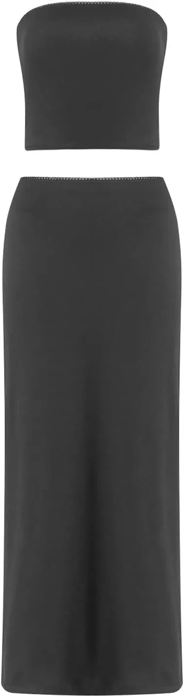 Women Sexy 2 Piece Outfits Sleeveless Strapless Tube Tops Fishtail Maxi Skirts Suits Y2K Long Skirt Sets Streetwear