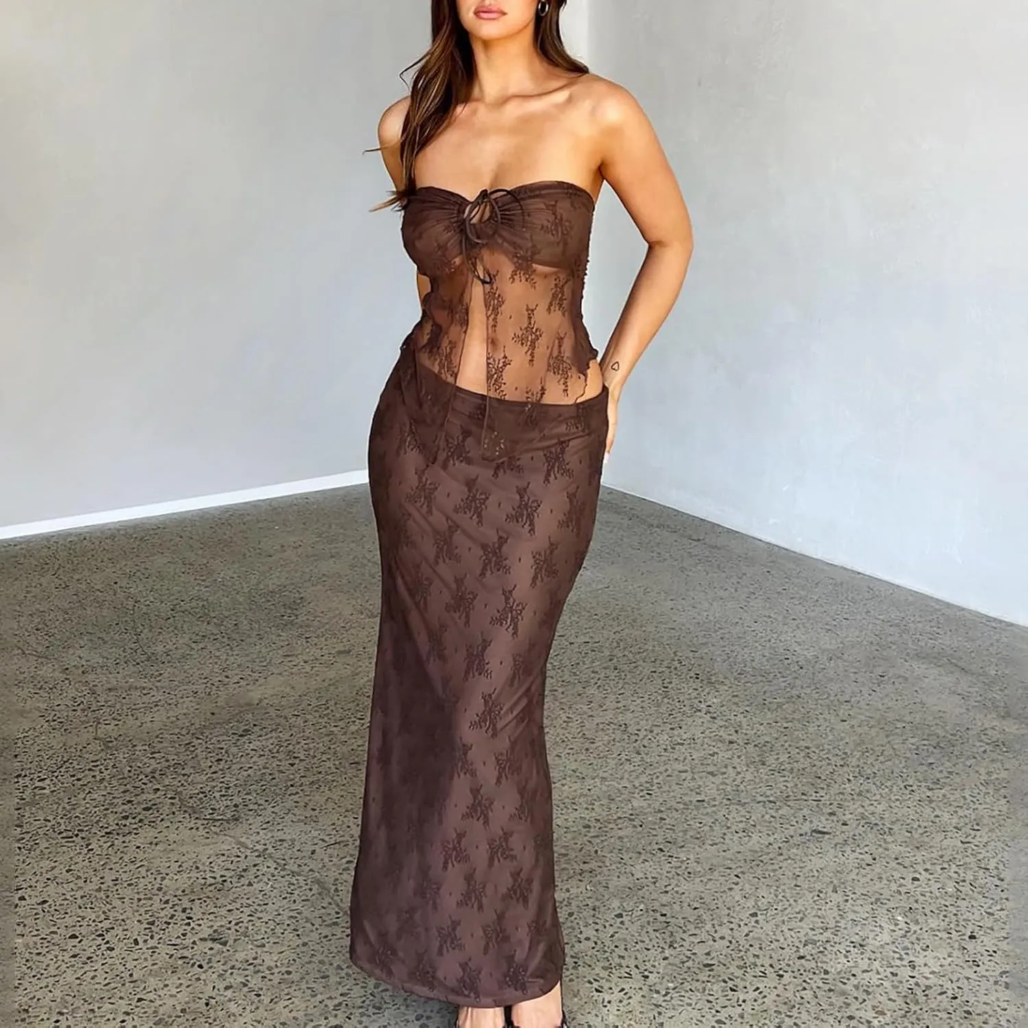 Women Sexy 2 Piece Outfits Sleeveless Strapless Tube Tops Fishtail Maxi Skirts Suits Y2K Long Skirt Sets Streetwear