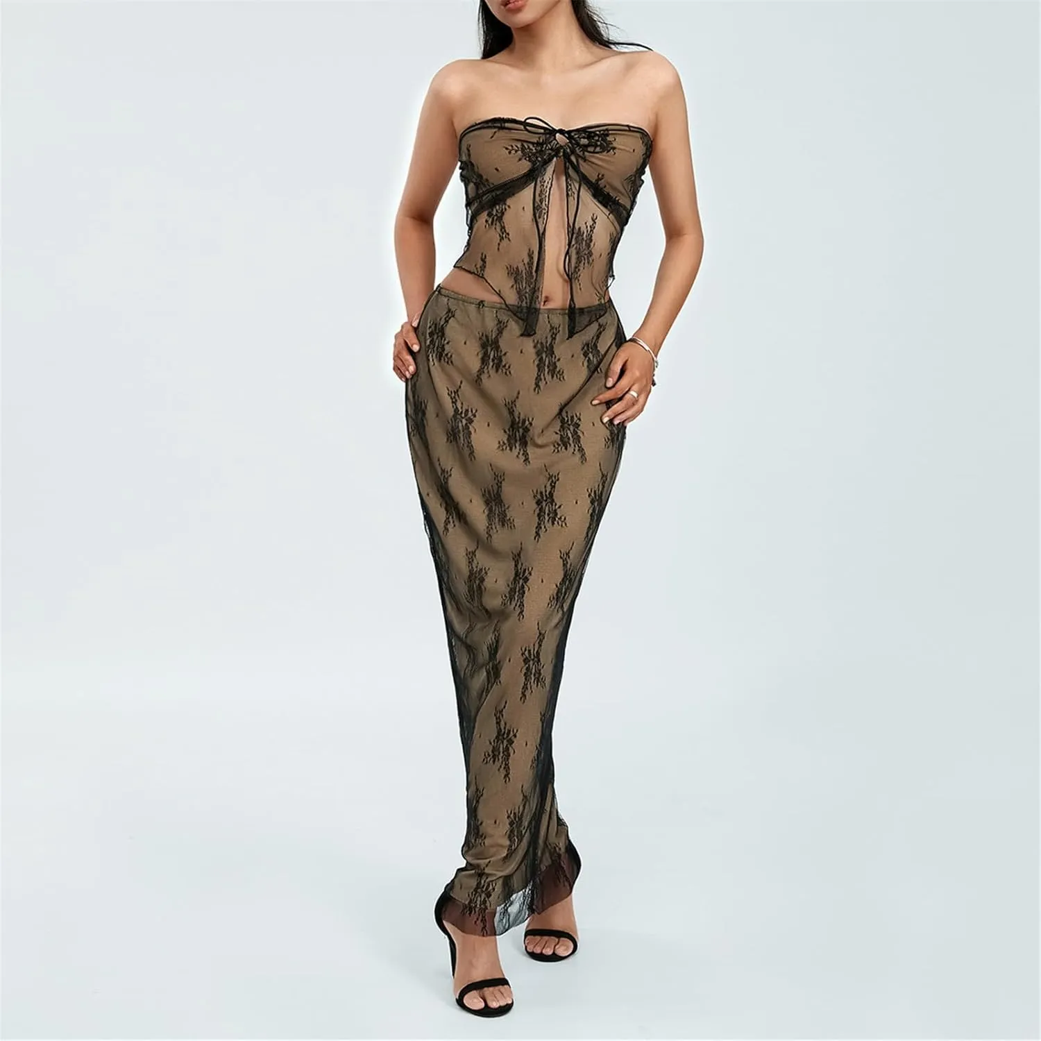 Women Sexy 2 Piece Outfits Sleeveless Strapless Tube Tops Fishtail Maxi Skirts Suits Y2K Long Skirt Sets Streetwear